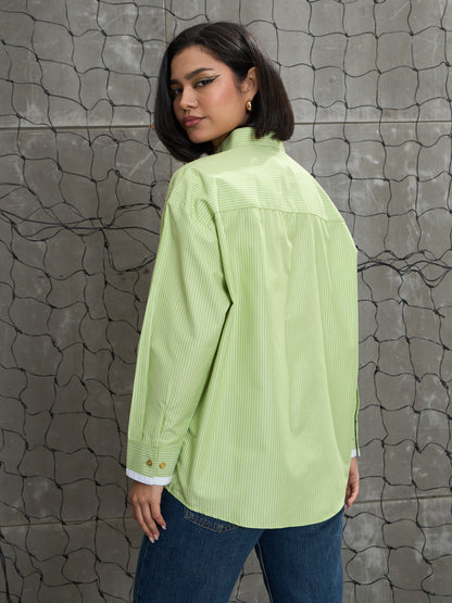 Women's Green & White Stripes Gold Buttons Oversized Shi