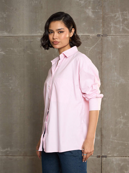 Women's Pink & White Striped Oversized Shi