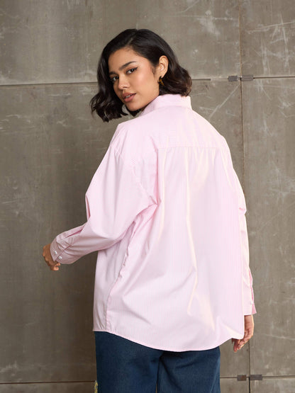 Women's Pink & White Striped Oversized Shi