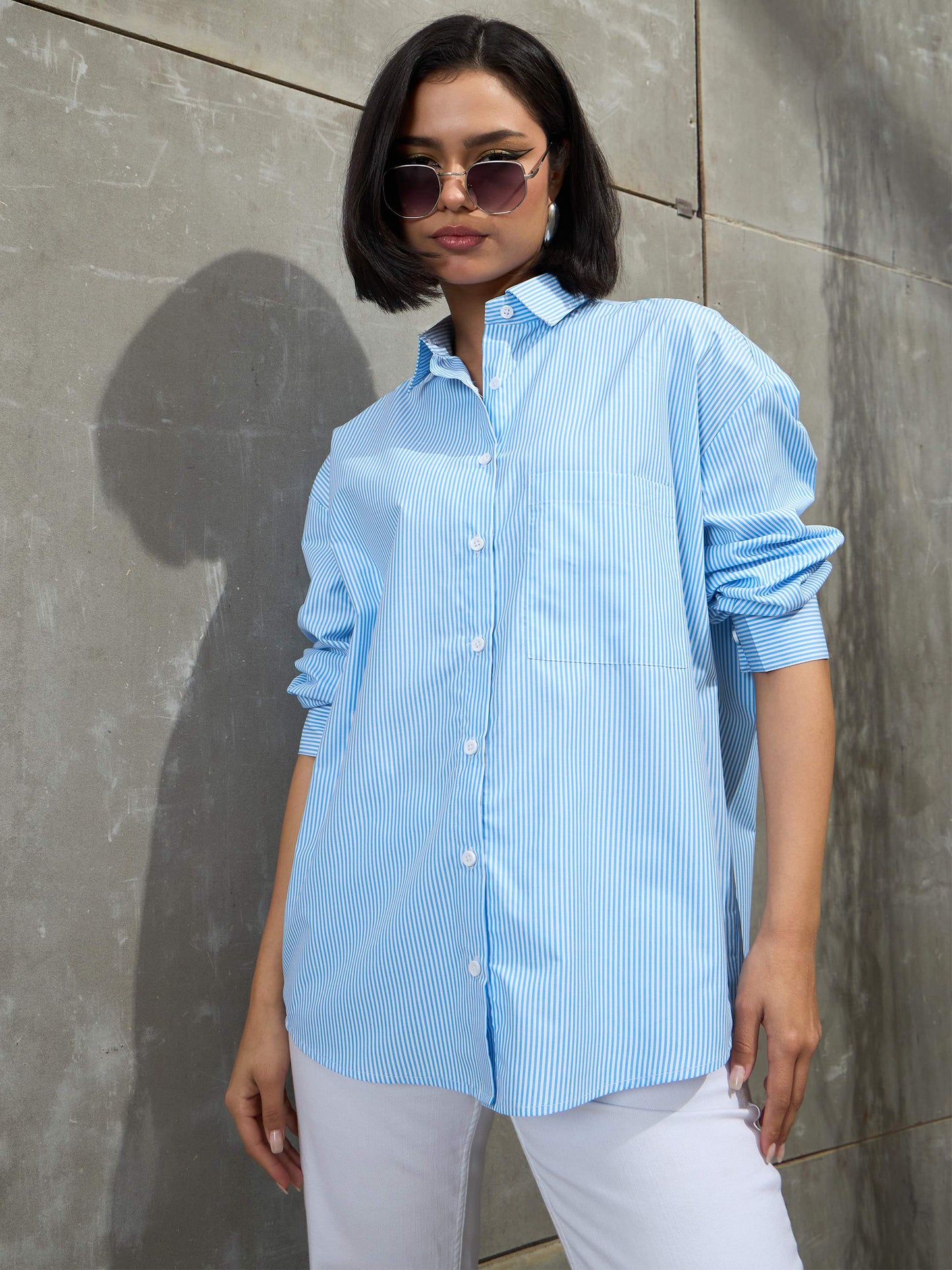 Women's Blue & White Striped Oversized Shi