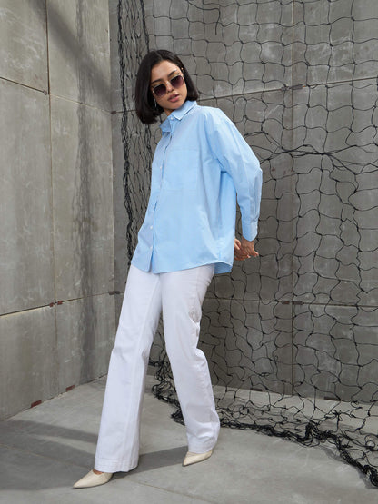 Women's Blue & White Striped Oversized Shi