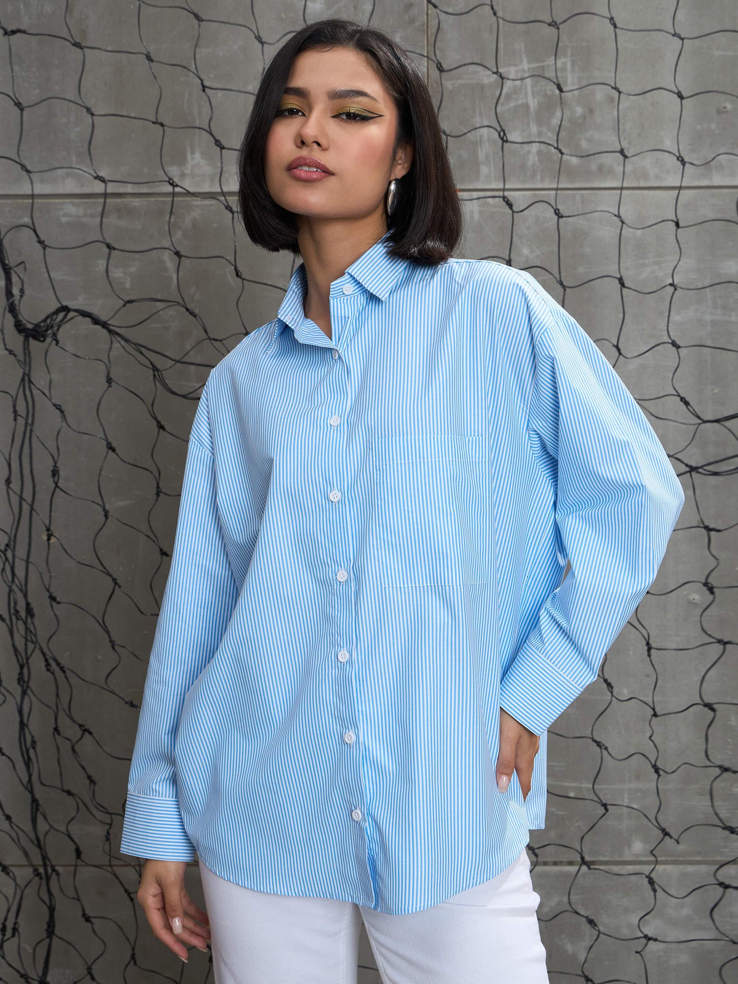Women's Blue & White Striped Oversized Shi