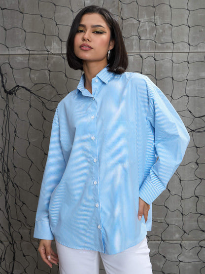 Women's Blue & White Striped Oversized Shi