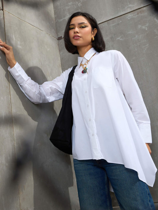 Women's White Poplin Assymetric Hem Shi