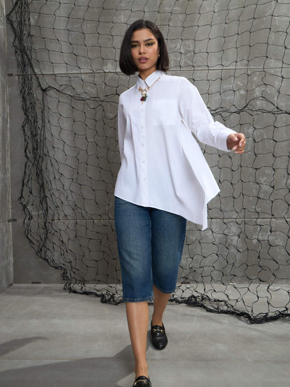Women's White Poplin Assymetric Hem Shi