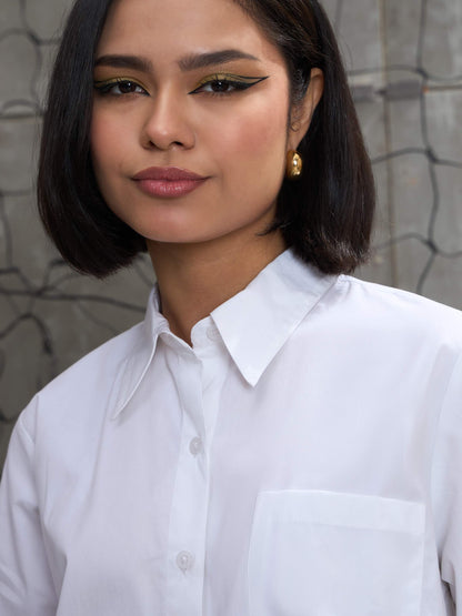 Women's White Poplin Assymetric Hem Shi