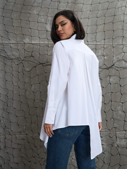 Women's White Poplin Assymetric Hem Shi