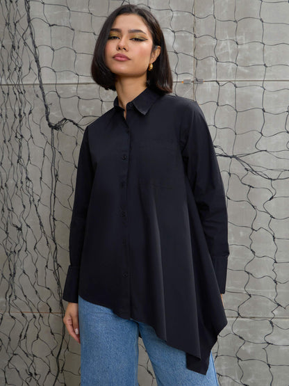Women's Black Poplin Assymetric Hem Shi