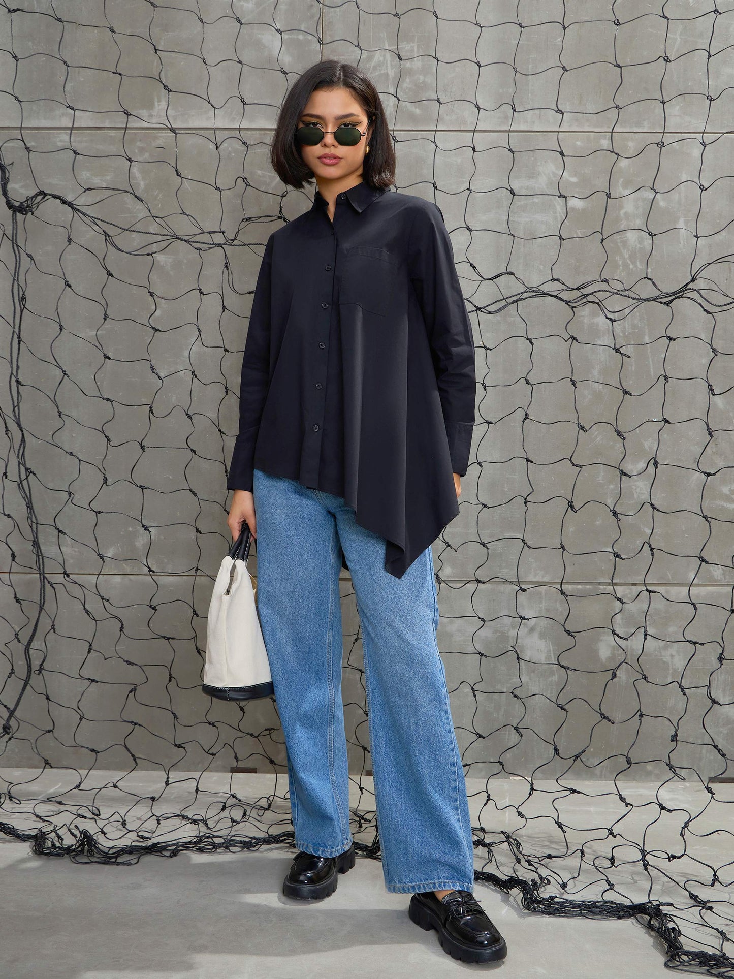 Women's Black Poplin Assymetric Hem Shi
