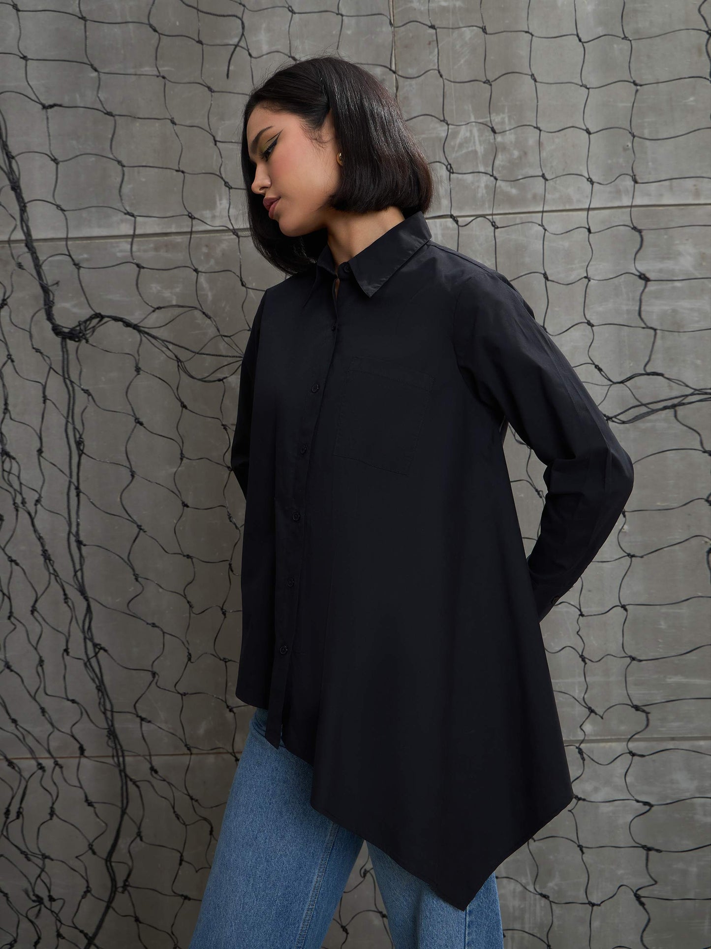 Women's Black Poplin Assymetric Hem Shi