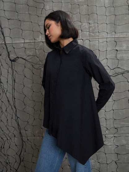 Women's Black Poplin Assymetric Hem Shi