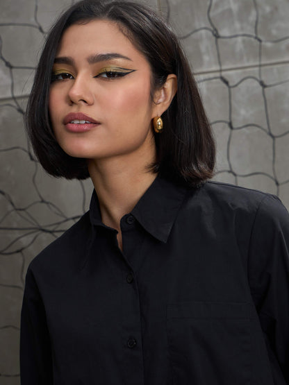 Women's Black Poplin Assymetric Hem Shi