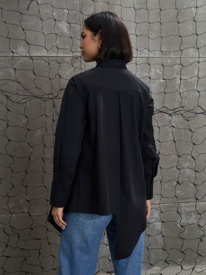 Women's Black Poplin Assymetric Hem Shi