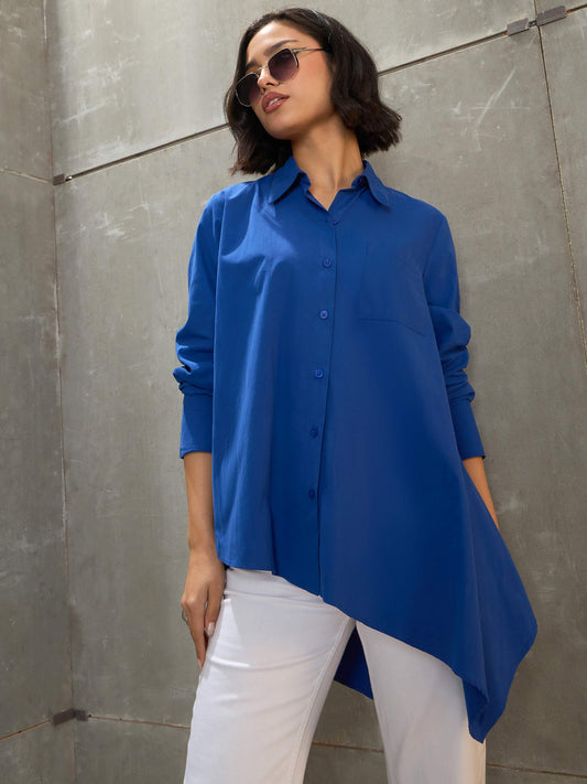 Women's Royal Blue Poplin Assymetric Hem Shi