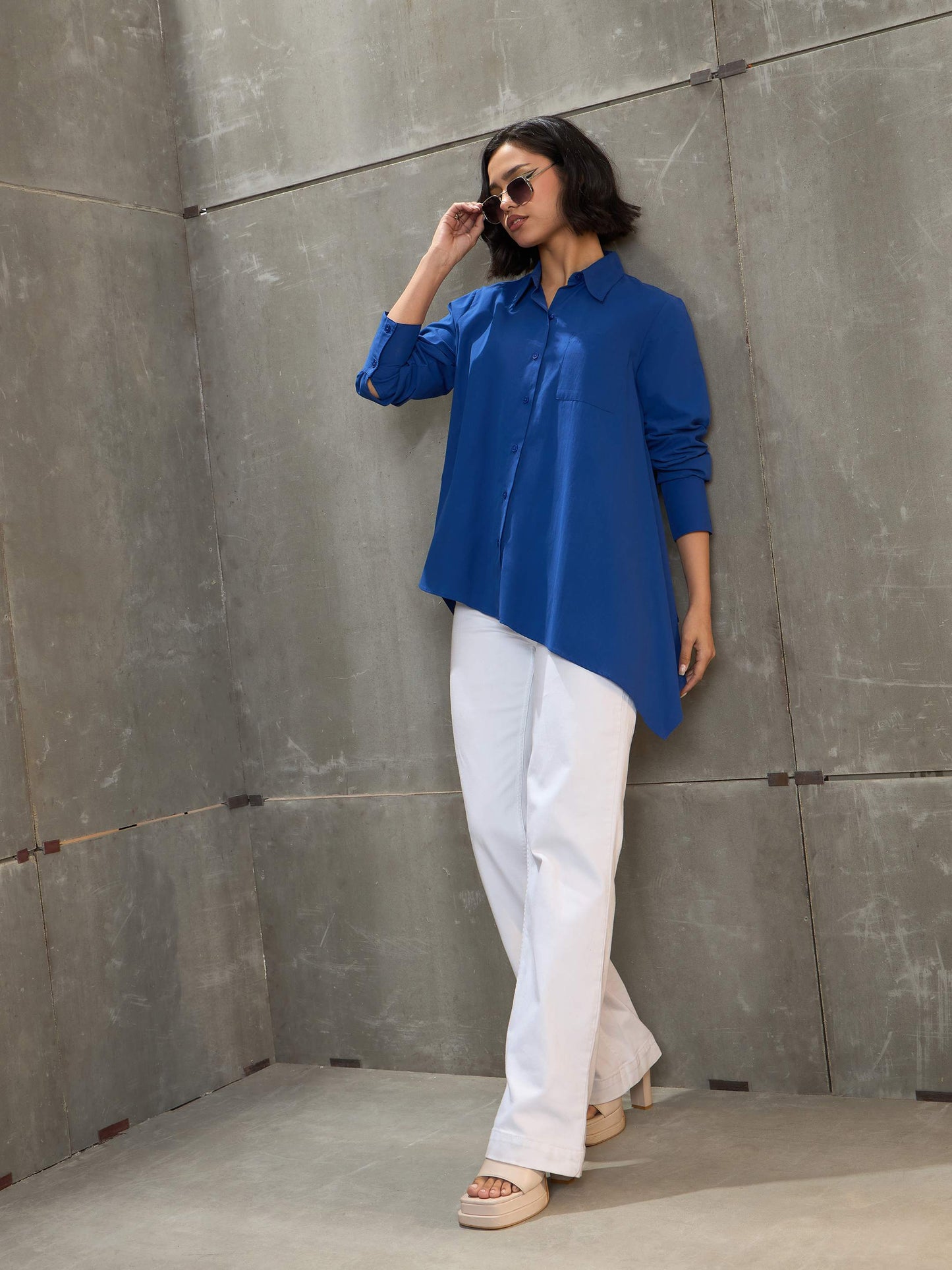 Women's Royal Blue Poplin Assymetric Hem Shi