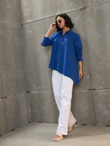 Women's Royal Blue Poplin Assymetric Hem Shi