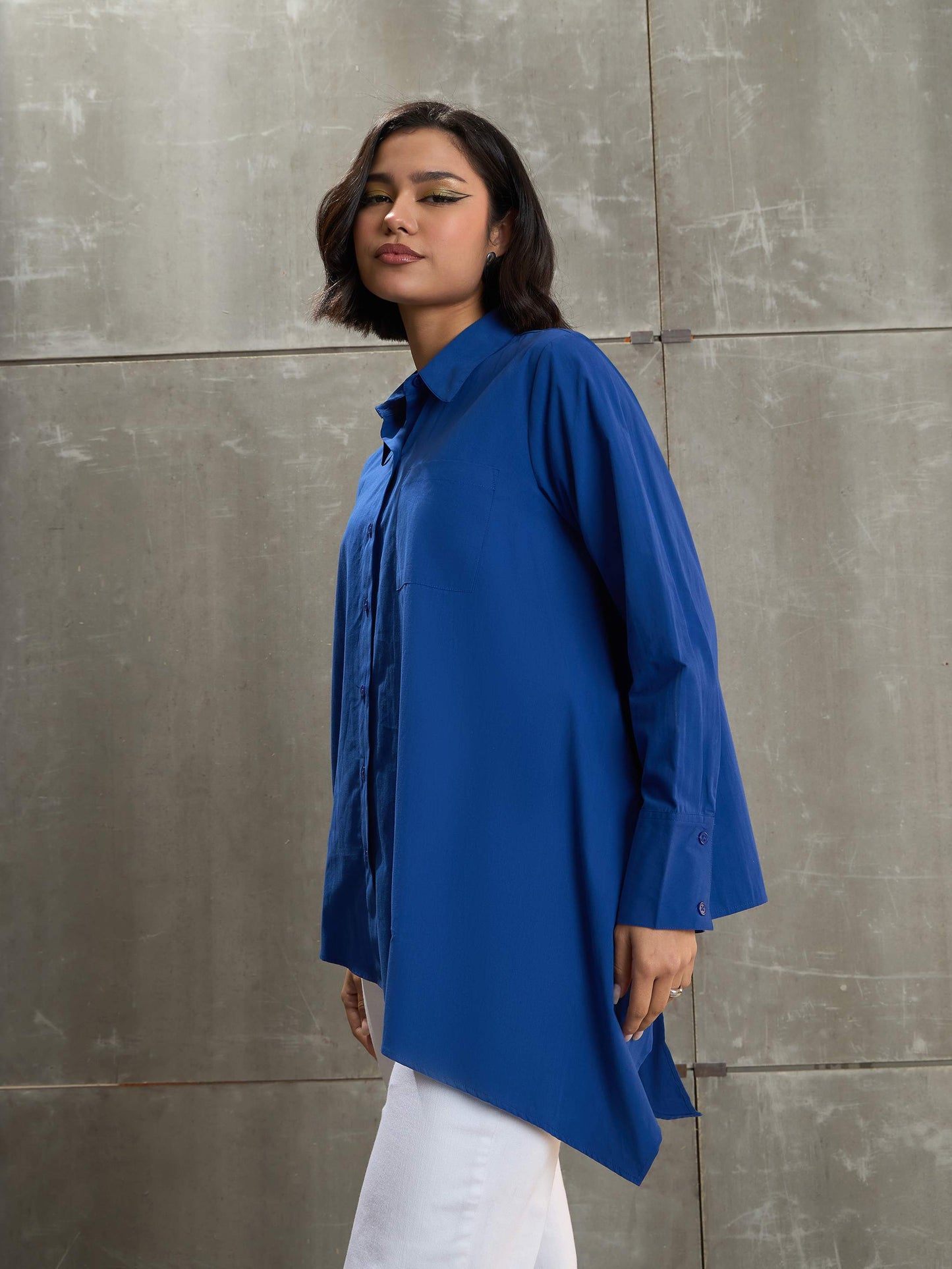 Women's Royal Blue Poplin Assymetric Hem Shi