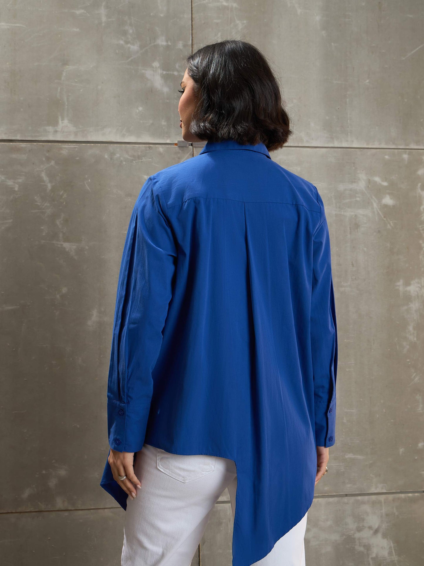 Women's Royal Blue Poplin Assymetric Hem Shi