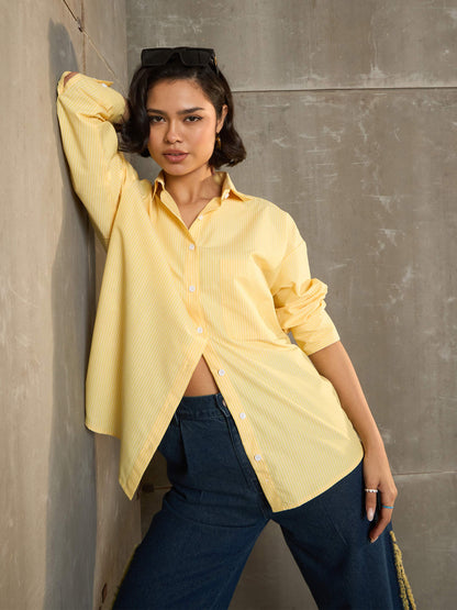 Women's Yellow & White Striped Oversized Shi