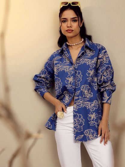 Women's Blue Poplin Floral Regular Shirt