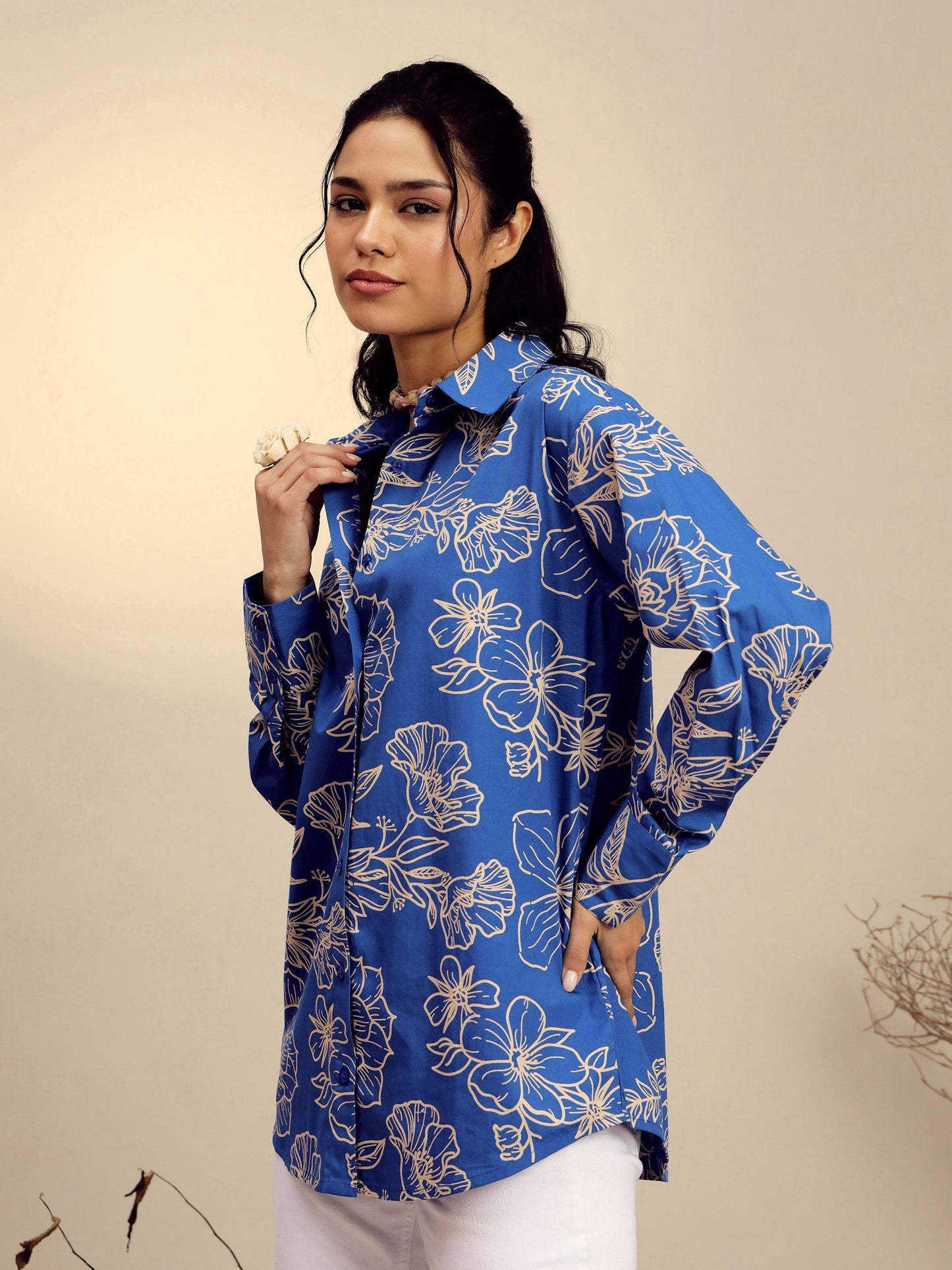 Women's Blue Poplin Floral Regular Shirt