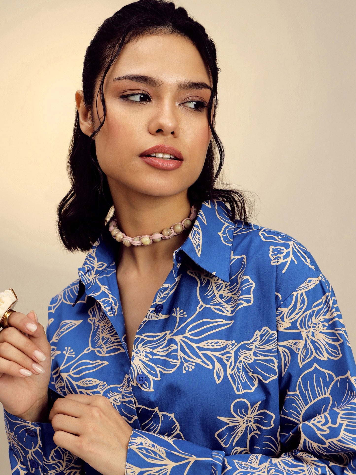 Women's Blue Poplin Floral Regular Shirt