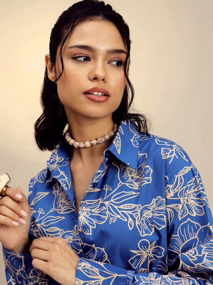 Women's Blue Poplin Floral Regular Shirt