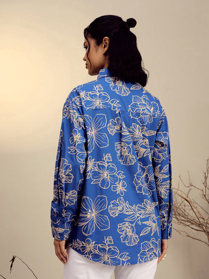 Women's Blue Poplin Floral Regular Shirt