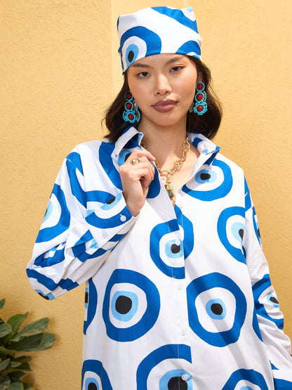 Women's White Poplin Evil Eye Print Regular Shirt