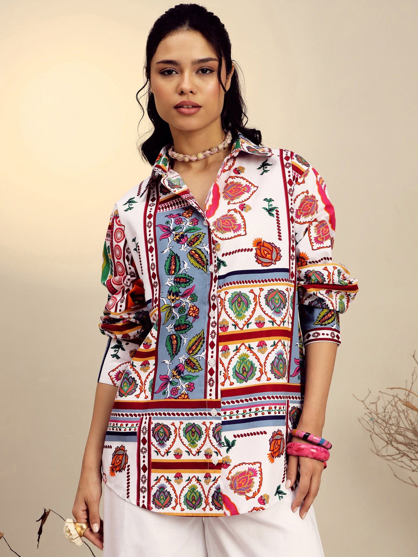 Women's White Poplin Multi Patch Print Regular Shirt