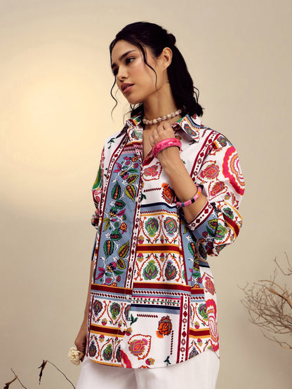 Women's White Poplin Multi Patch Print Regular Shirt