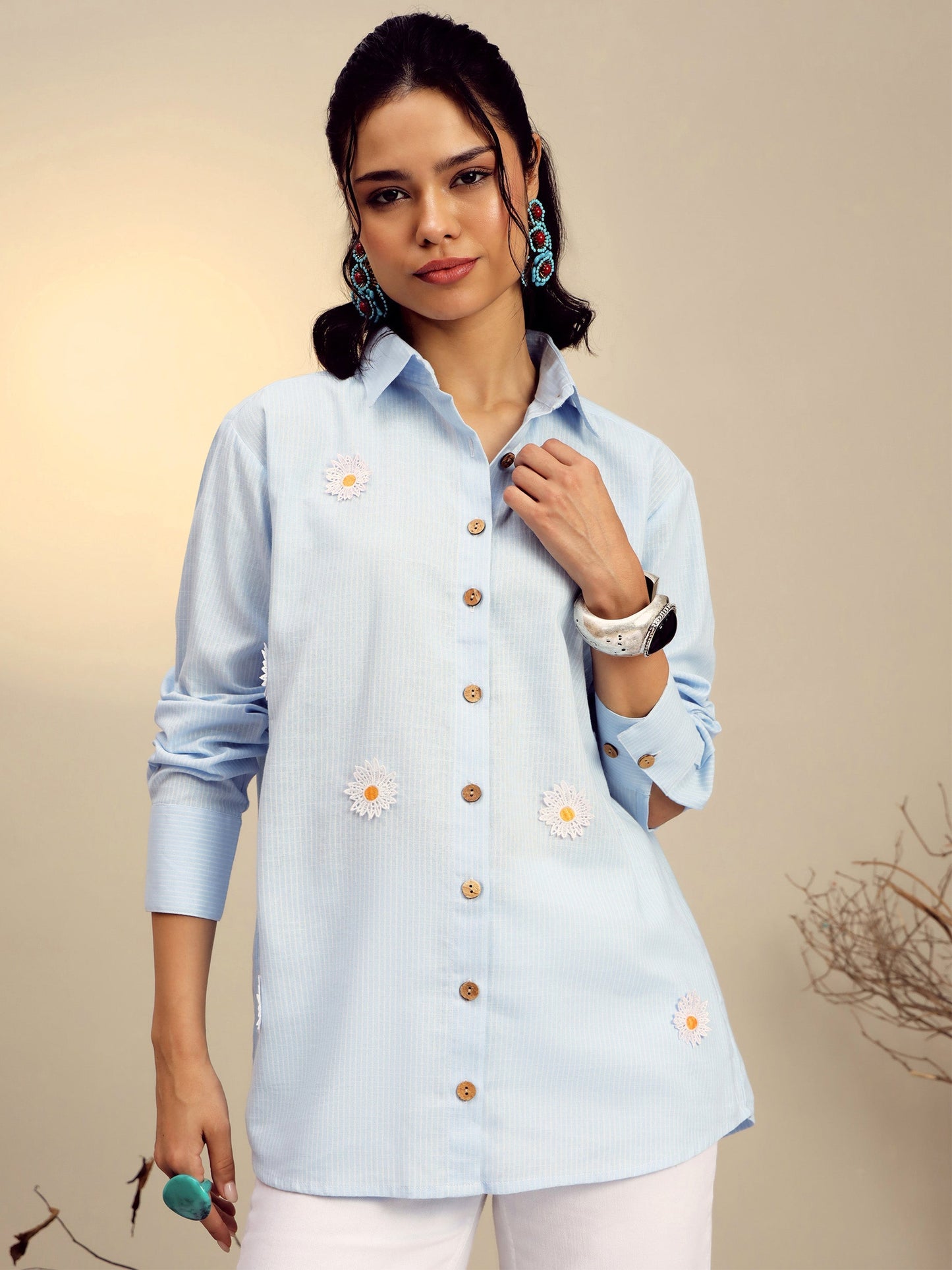 Women's Blue Striped Regular Shirt