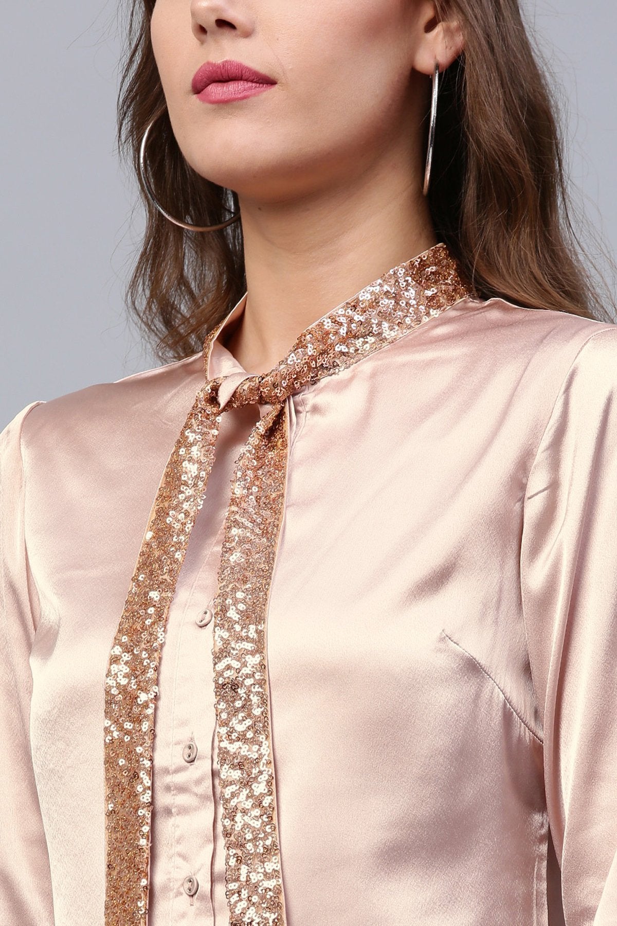 Women's Pink Sequin Neck Tie Satin Shirt