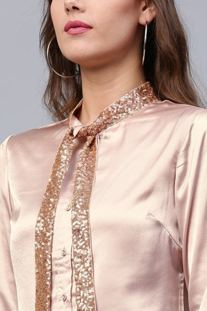 Women's Pink Sequin Neck Tie Satin Shirt