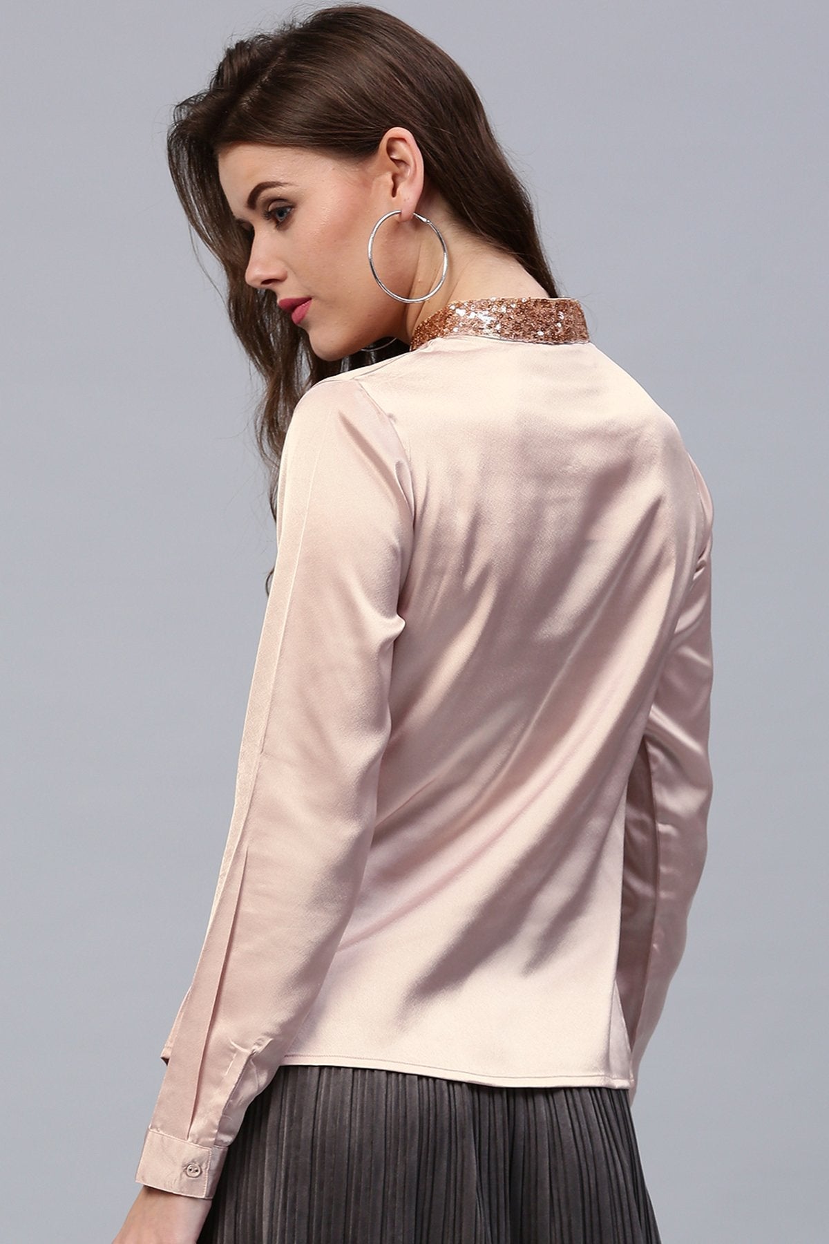Women's Pink Sequin Neck Tie Satin Shirt