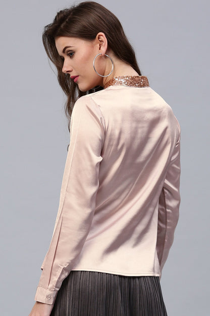Women's Pink Sequin Neck Tie Satin Shirt