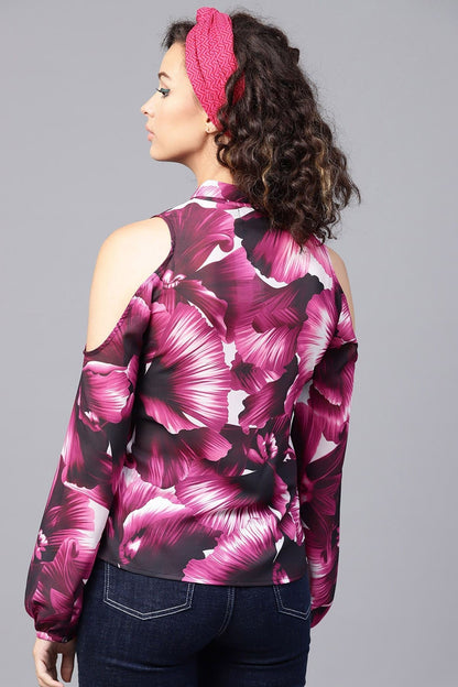 Women's Purple Floral Cold Shoulder Shirt