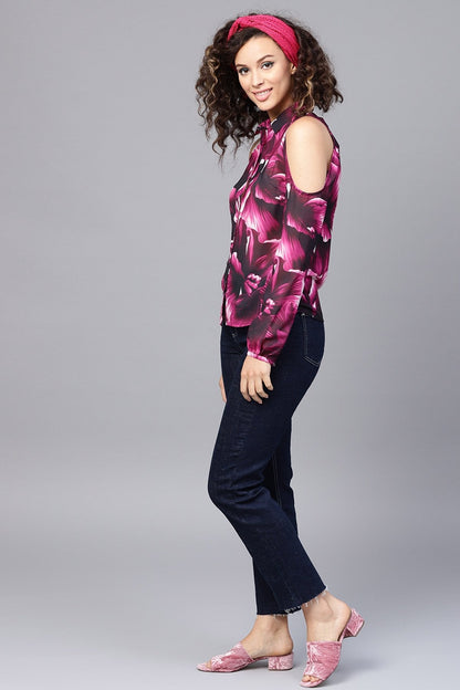 Women's Purple Floral Cold Shoulder Shirt
