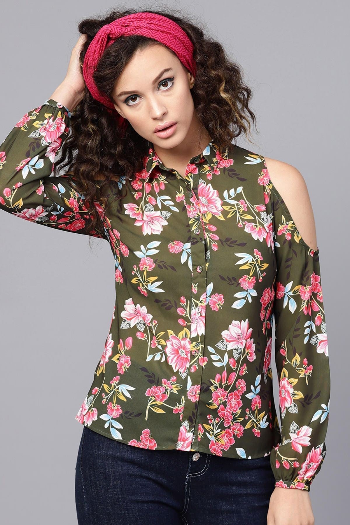Women's Olive Floral Cold Shoulder Shirt