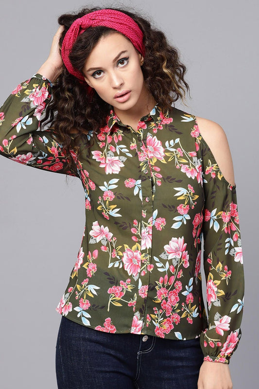 Women's Olive Floral Cold Shoulder Shirt