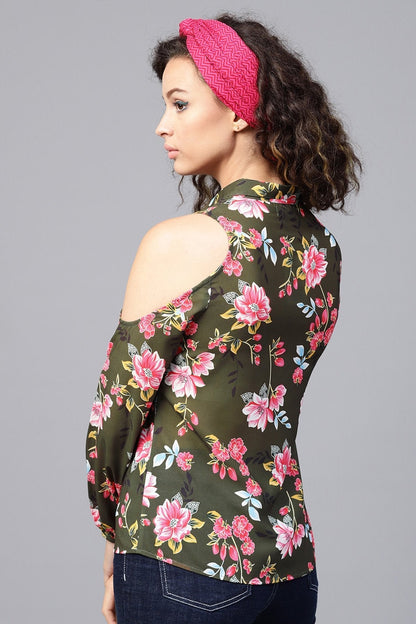 Women's Olive Floral Cold Shoulder Shirt