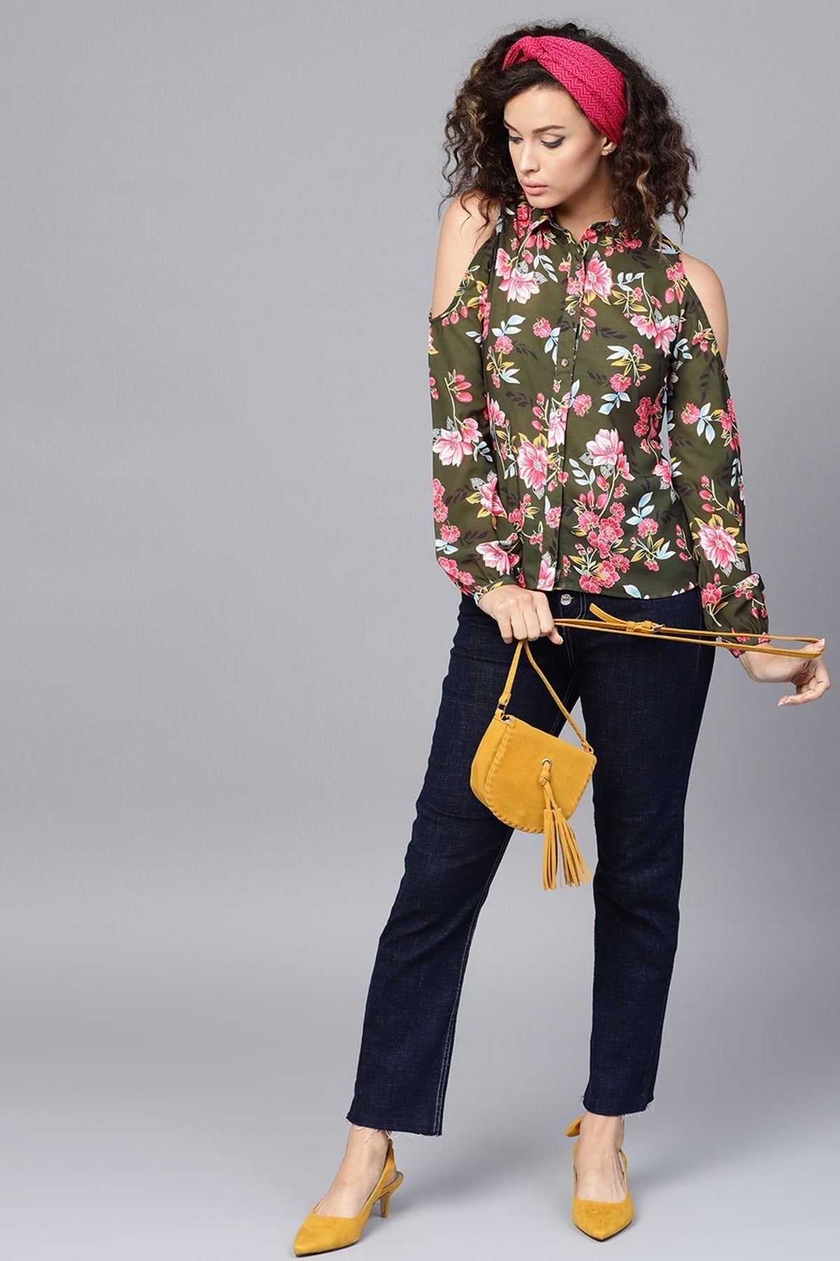 Women's Olive Floral Cold Shoulder Shirt