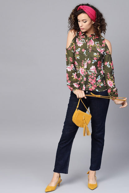 Women's Olive Floral Cold Shoulder Shirt