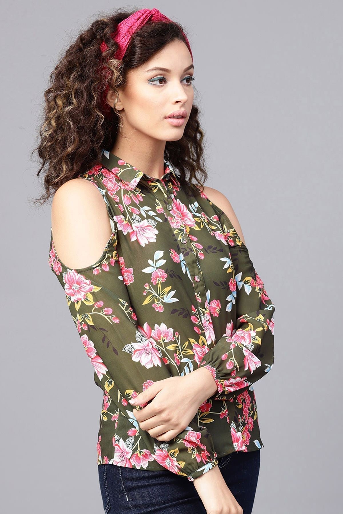 Women's Olive Floral Cold Shoulder Shirt