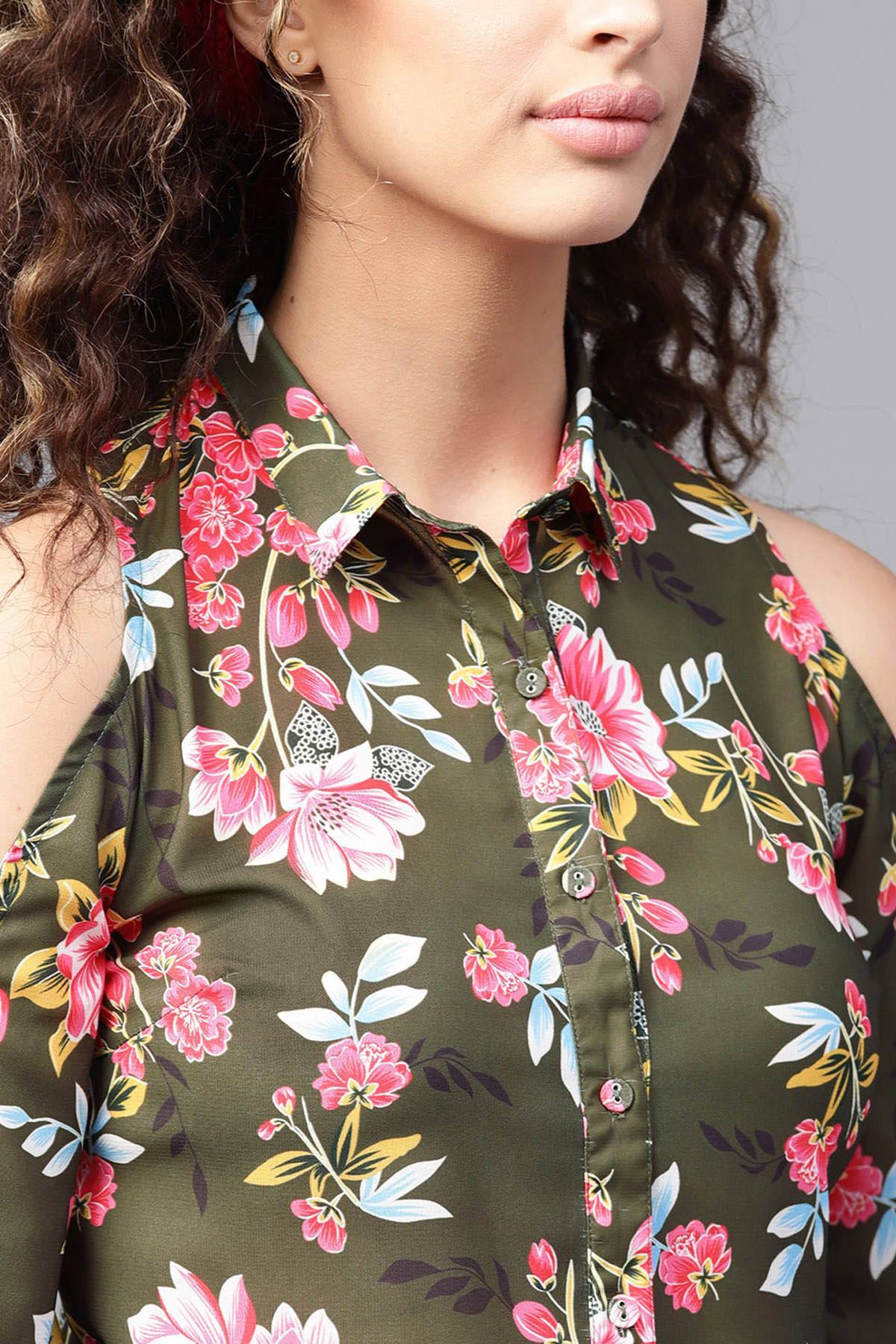 Women's Olive Floral Cold Shoulder Shirt