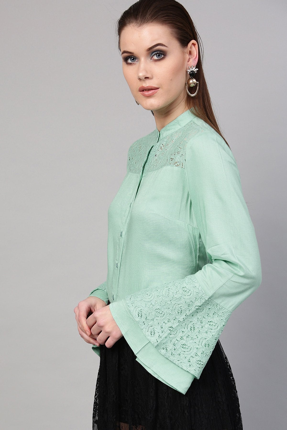 Women's Mint Blue Lace Yoke Shirt