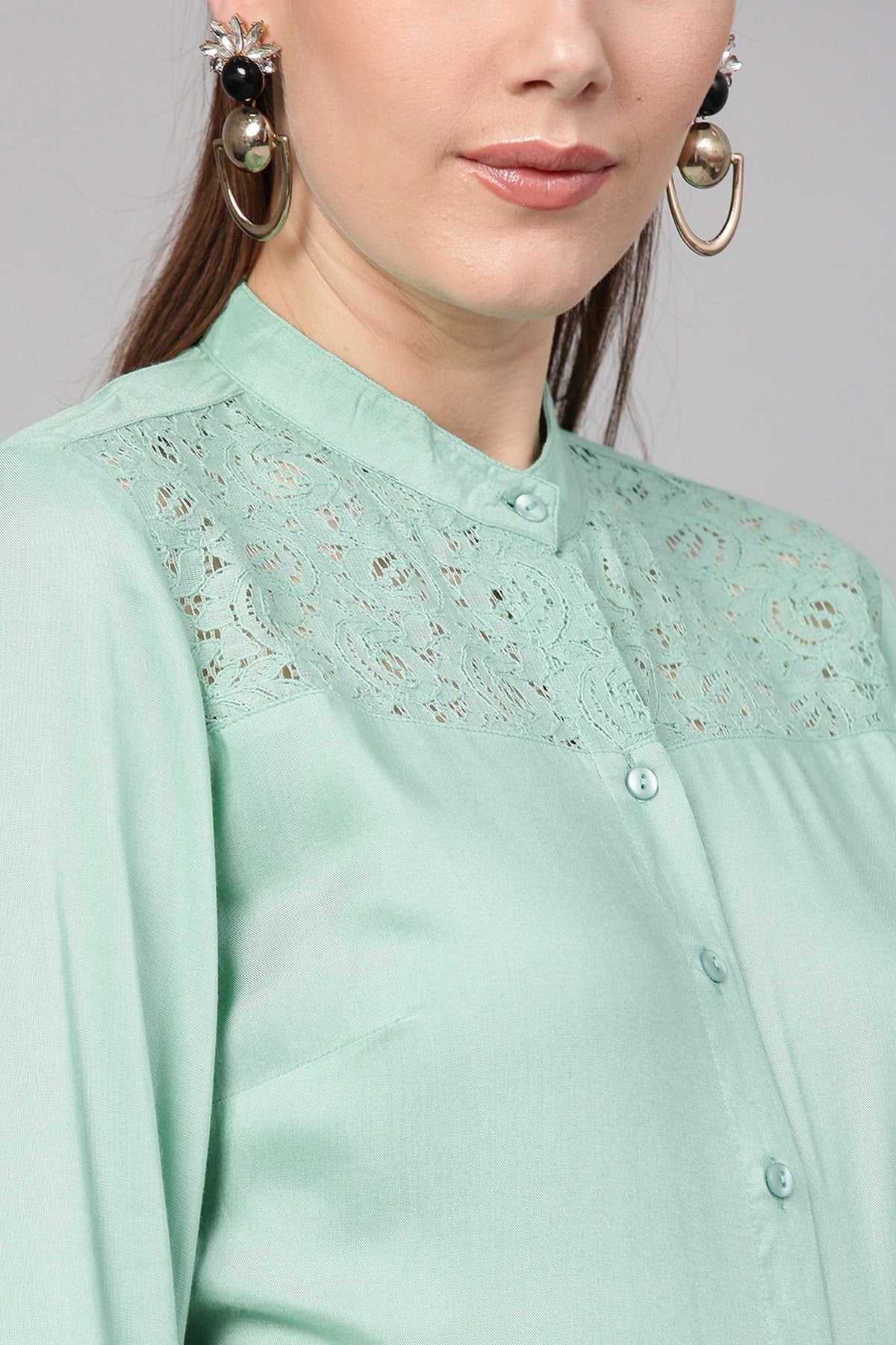 Women's Mint Blue Lace Yoke Shirt
