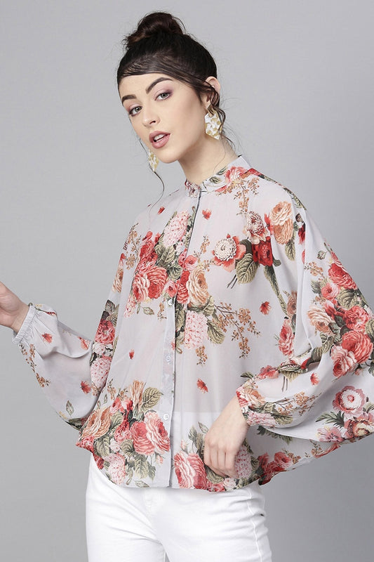 Women's Grey Floral Kimono Shirt