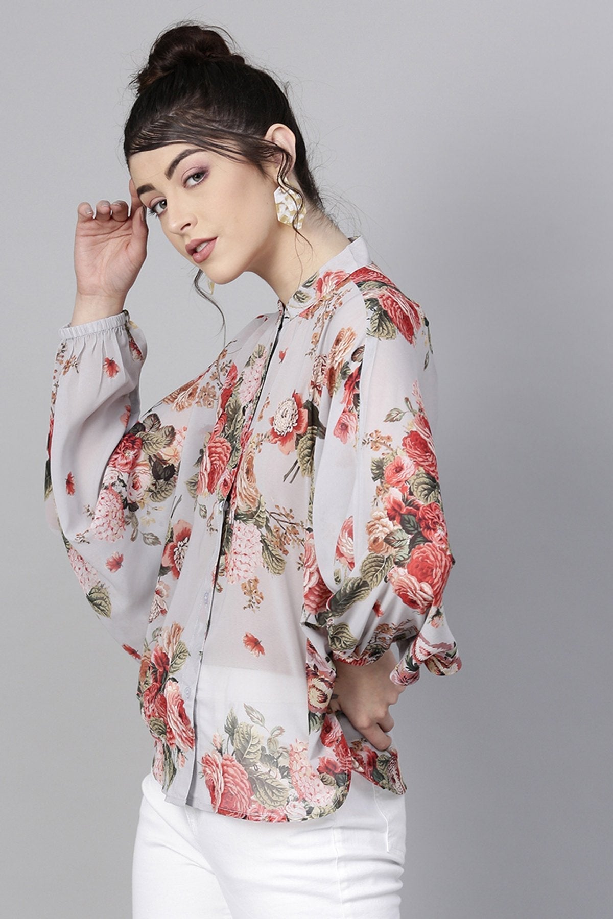 Women's Grey Floral Kimono Shirt