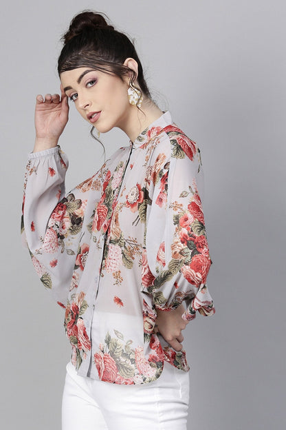 Women's Grey Floral Kimono Shirt